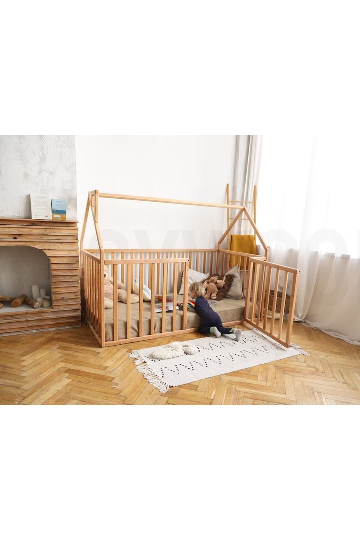 75 Cm Korkuluklu Ahşap Montessori Karyola - Masif Ahşap Karyola - Opmont05-75